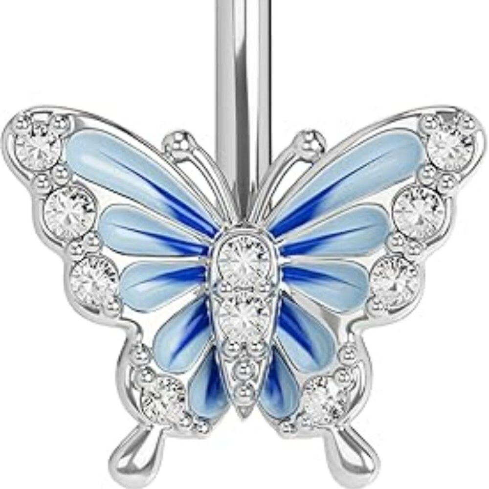 Naval Belly Button Piercing Jewelry Ring Butterfly‎ Barbell Style Blue Silver